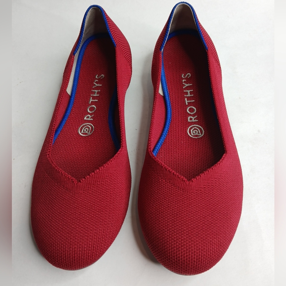 ROTHY’S The Flat Round Toe Ballet Shoes Red Blue Slip On Women's Size 7.5 EUC